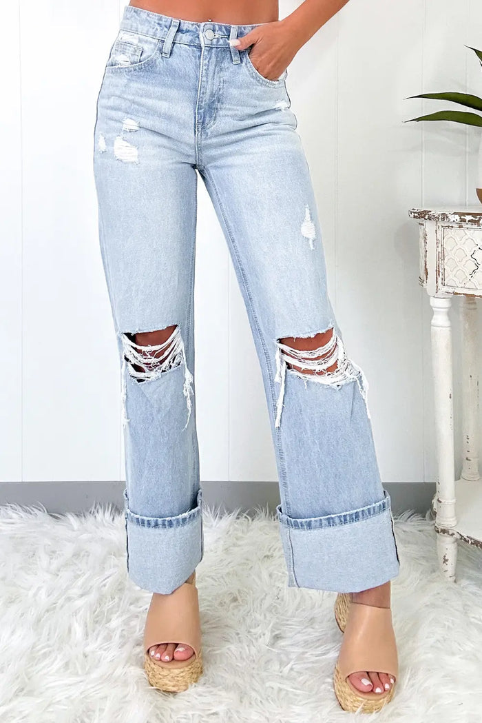 Beau Light Wash Distressed Straight Jeans – Blue