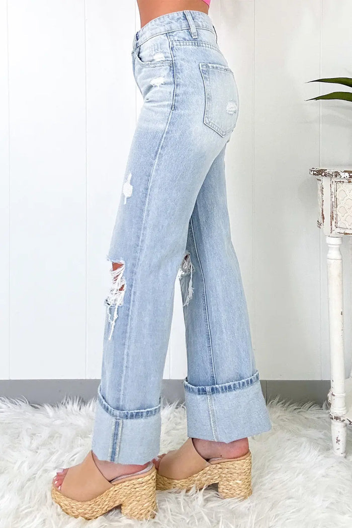 Beau Light Wash Distressed Straight Jeans – Blue