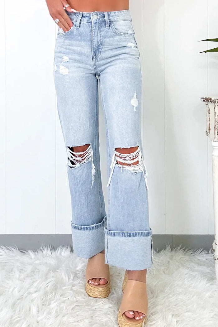 Beau Light Wash Distressed Straight Jeans – Blue