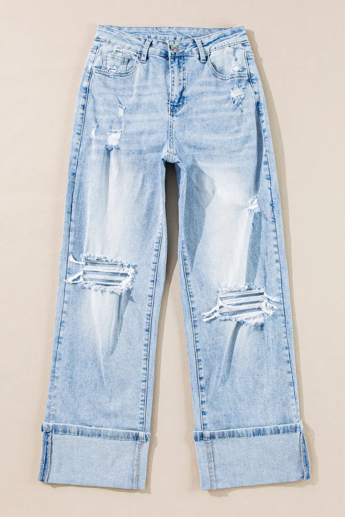 Beau Light Wash Distressed Straight Jeans – Blue