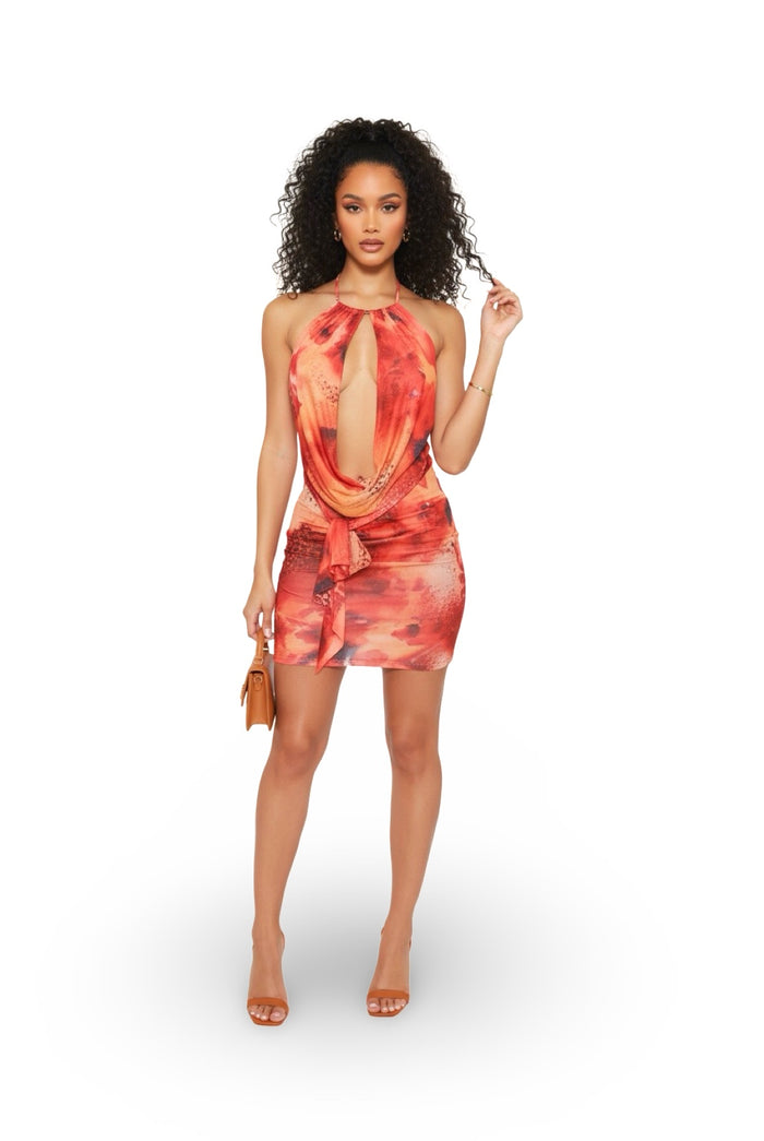Best Kept Secret - Cowl Neck Multi Print Waist Tie Mini Dress