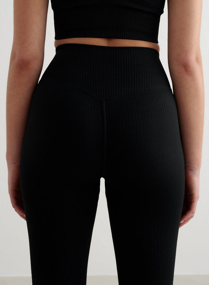 Black Ribbed Seamless Flare Tights