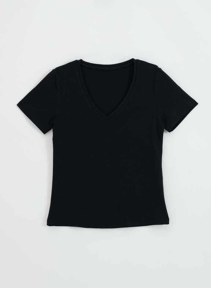 Black Soft Basic V-neck Short Sleeve