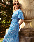 Blue Animal Smock Waisted Midi Dress