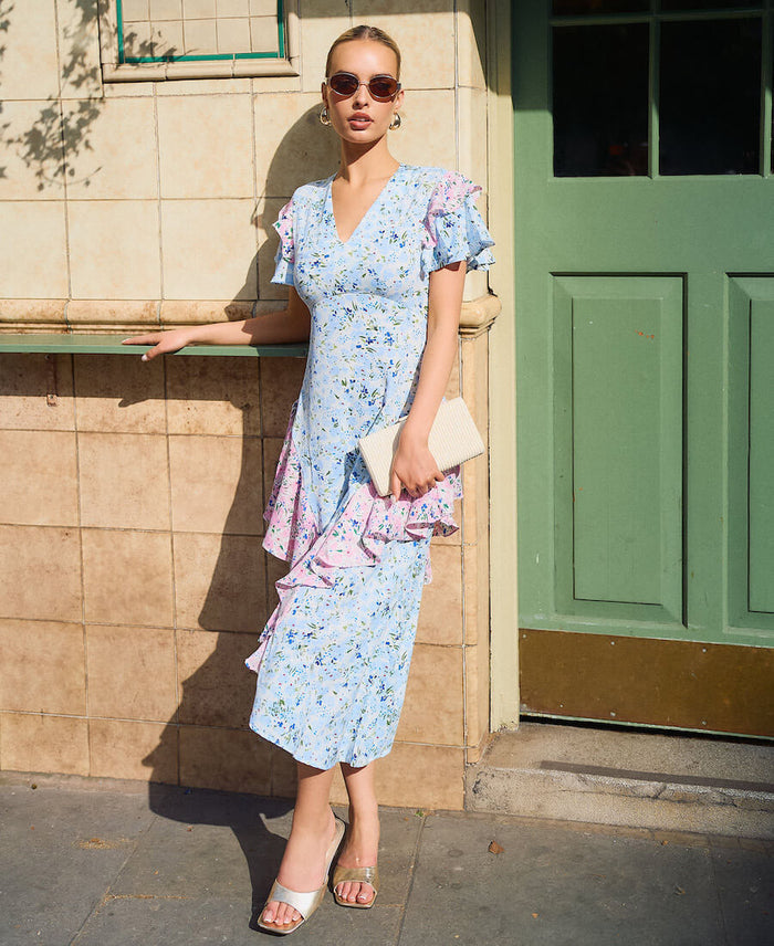 Blue Ditsy Floral Ruffle Mix and Match Midi Dress