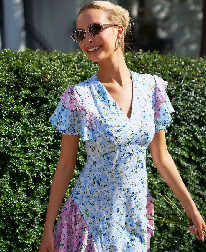 Blue Ditsy Floral Ruffle Mix and Match Midi Dress