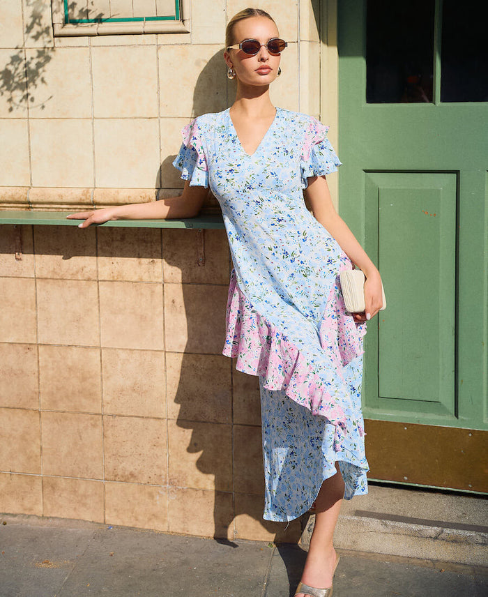 Blue Ditsy Floral Ruffle Mix and Match Midi Dress