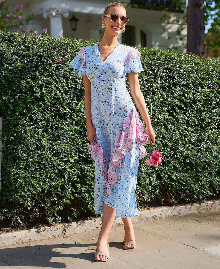 Blue Ditsy Floral Ruffle Mix and Match Midi Dress