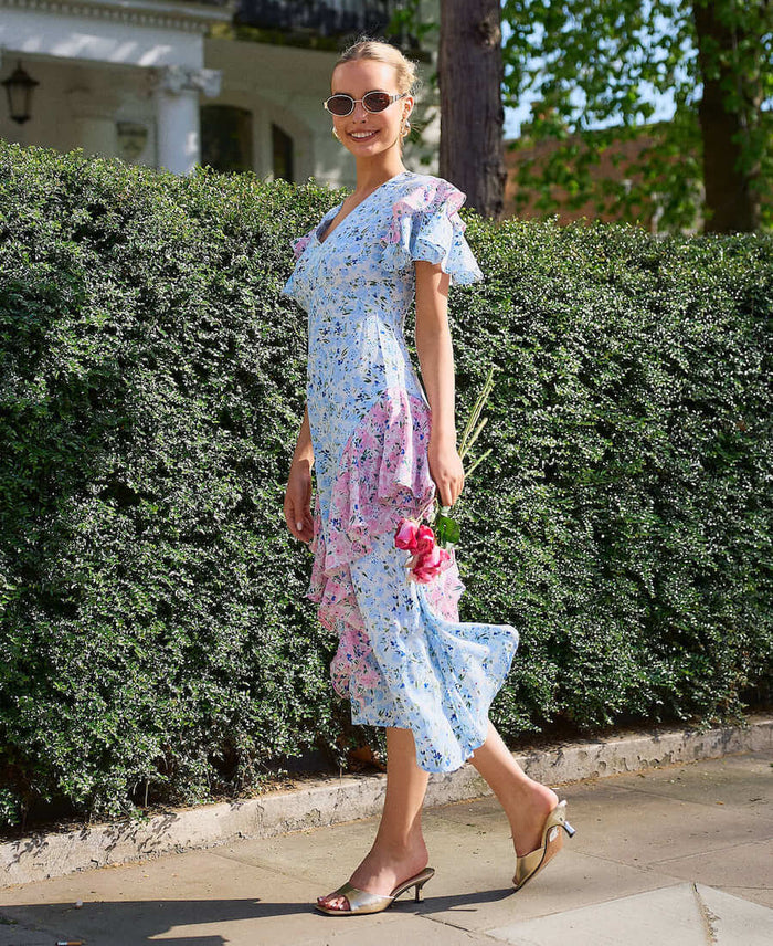 Blue Ditsy Floral Ruffle Mix and Match Midi Dress
