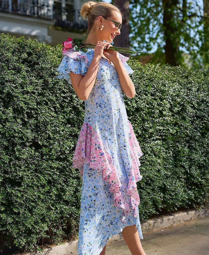 Blue Ditsy Floral Ruffle Mix and Match Midi Dress