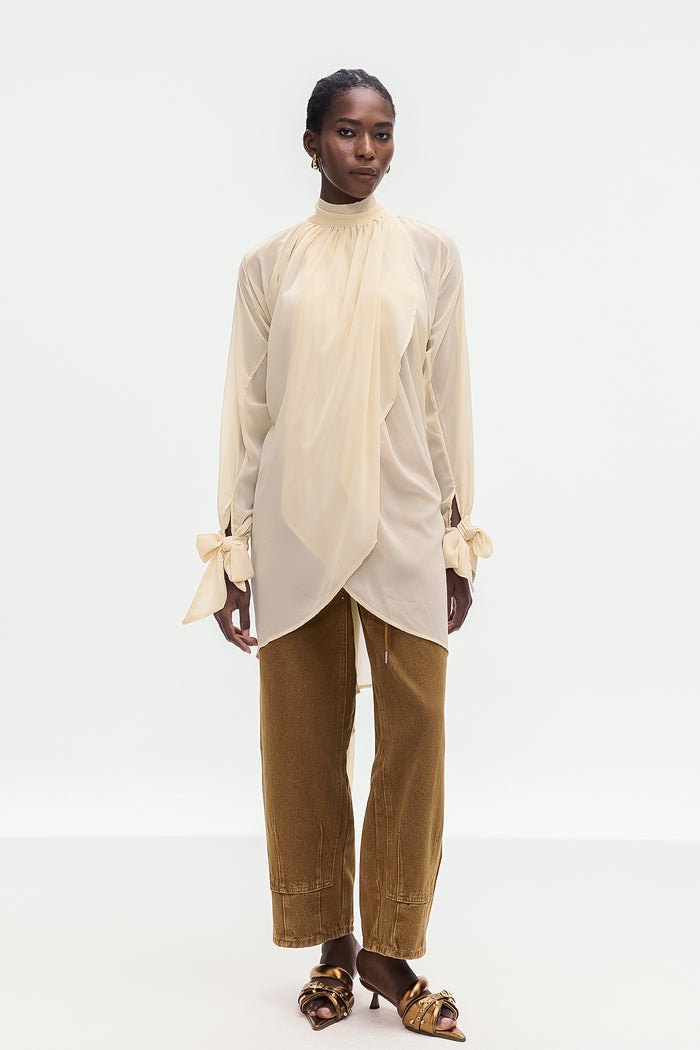 Bolormaa Lace Up Asymmetric Shirt In Apricot