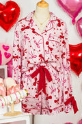 Bow Print Valentine Long Sleeve Shirt Shorts 2 Pcs Pajama Set – Red
