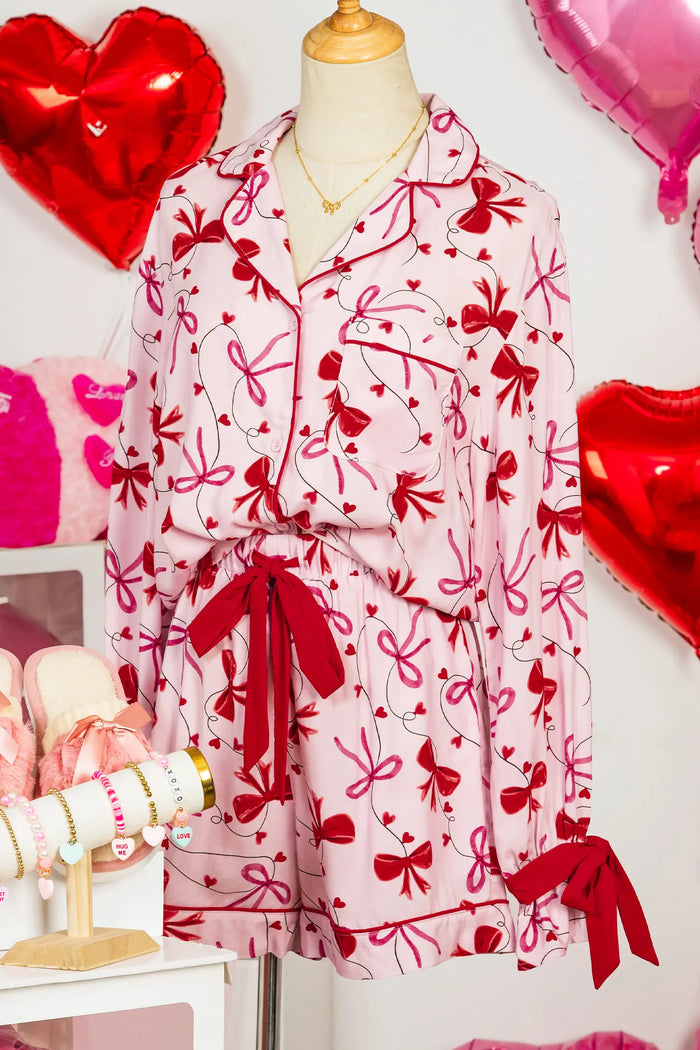 Bow Print Valentine Long Sleeve Shirt Shorts 2 Pcs Pajama Set – Red