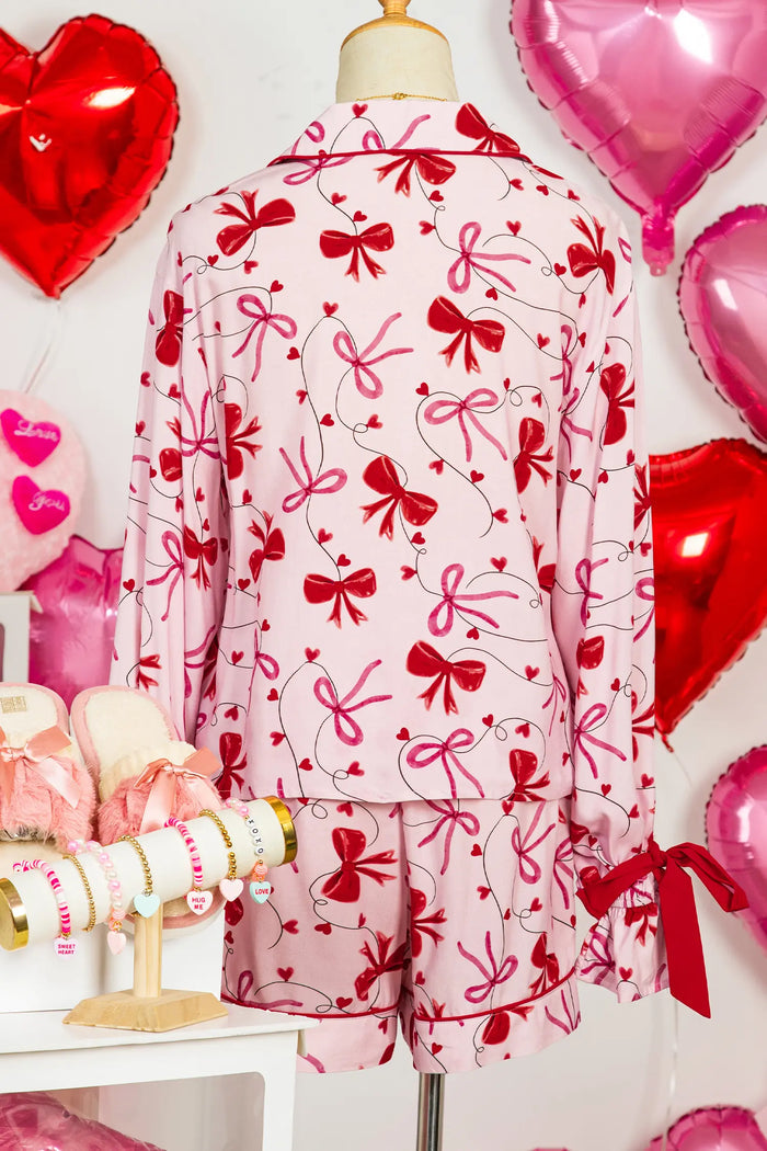 Bow Print Valentine Long Sleeve Shirt Shorts 2 Pcs Pajama Set – Red