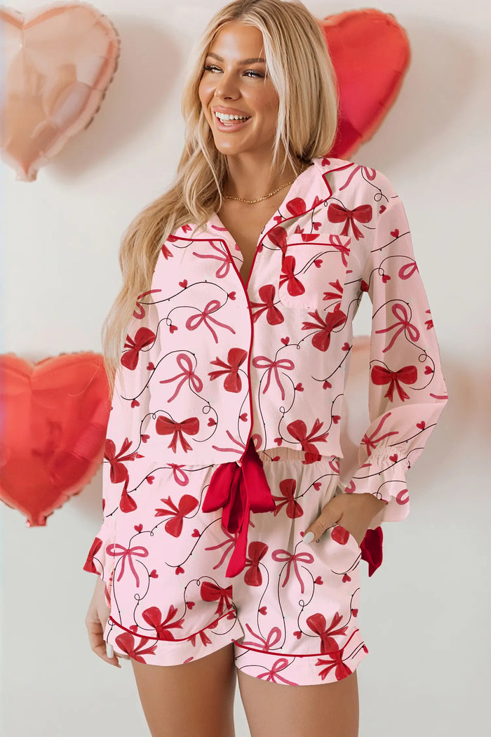 Bow Print Valentine Long Sleeve Shirt Shorts 2 Pcs Pajama Set – Red