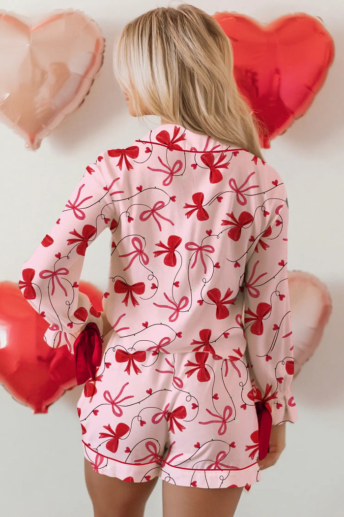 Bow Print Valentine Long Sleeve Shirt Shorts 2 Pcs Pajama Set – Red