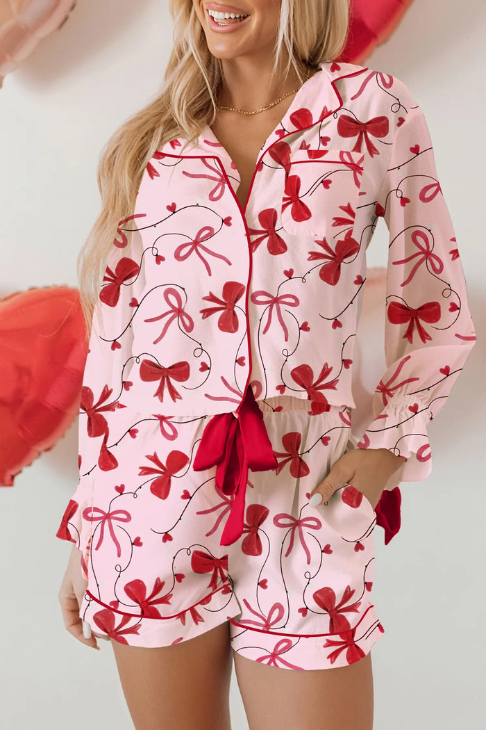 Bow Print Valentine Long Sleeve Shirt Shorts 2 Pcs Pajama Set – Red