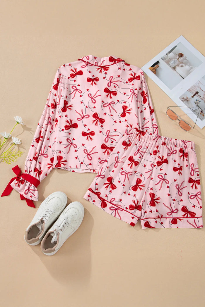 Bow Print Valentine Long Sleeve Shirt Shorts 2 Pcs Pajama Set – Red