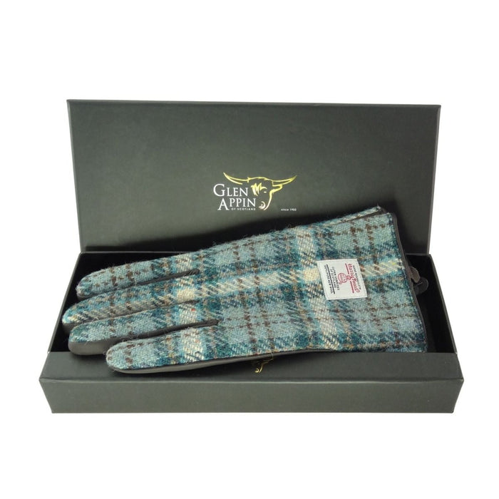 Boxed Harris Tweed and Brown Leather Ladies Gloves in Duck Egg and Cream Check (COL121) - Heritage Of Scotland - Large