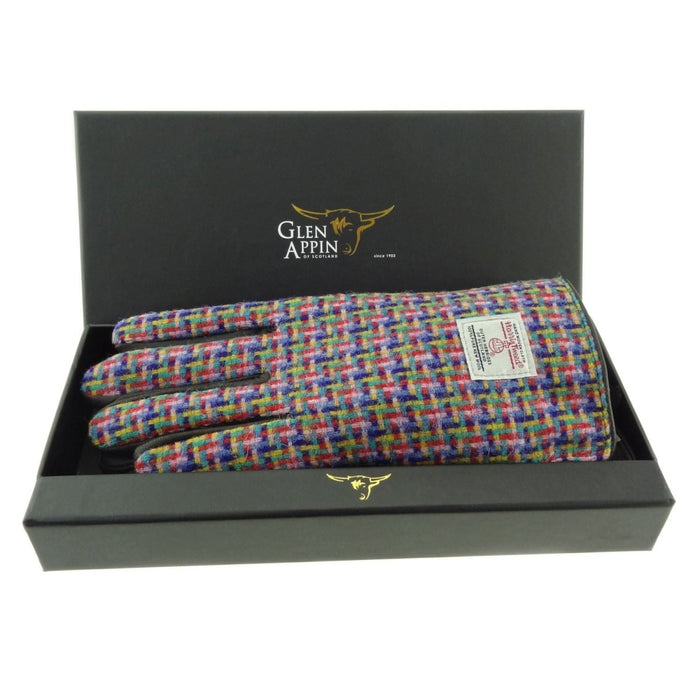 Boxed Harris Tweed and Brown Leather Ladies Gloves in Jazzy Weave (COL116) - Heritage Of Scotland - Large