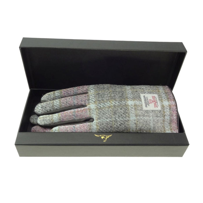 Boxed Harris Tweed and Brown Leather Ladies Gloves in Soft Pink Buchanan (COL134) - Heritage Of Scotland - Large