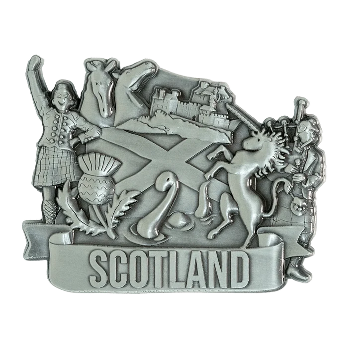 Brushed Metal Scotland Magnet – Puffin, Nessie, Coo, Collage & More - Heritage Of Scotland - Piper Collage