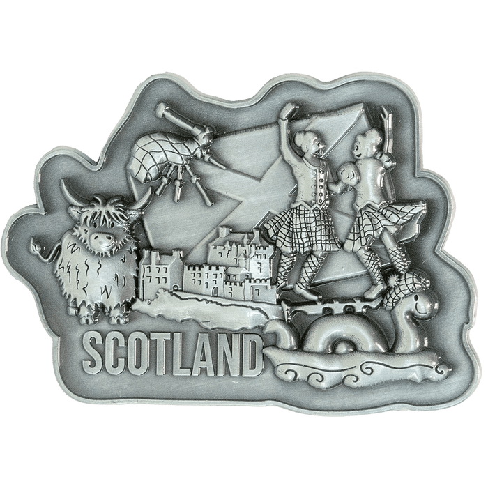 Brushed Metal Scotland Magnet – Puffin, Nessie, Coo, Collage & More - Heritage Of Scotland - Scotland Dancers Collage