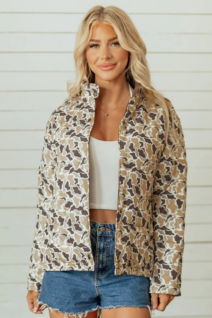 Camouflage Quilted Metal Button Collar Long Sleeve Puffer Coat – Multicolour
