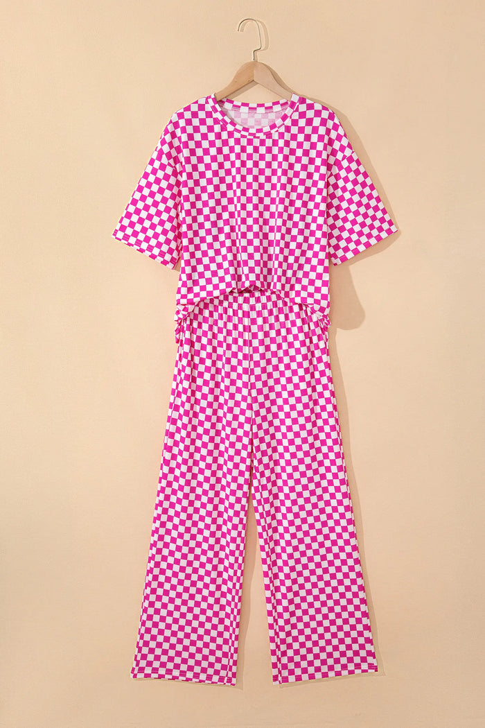 Checkered Print Half Sleeve Tee 2pcs Lounge Pant Set – Rose