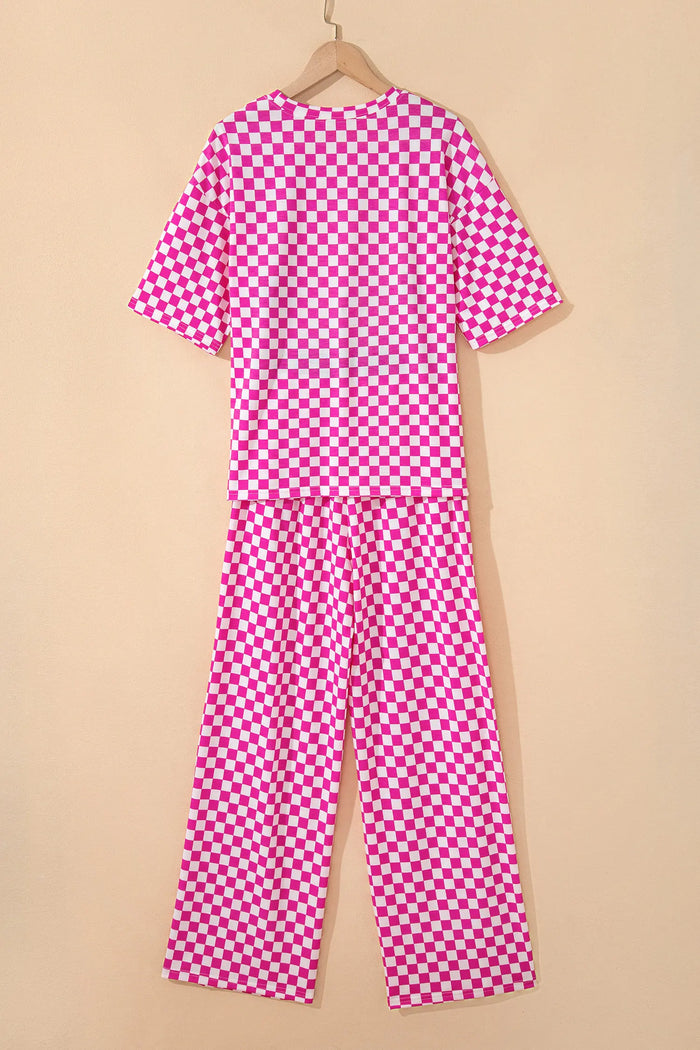 Checkered Print Half Sleeve Tee 2pcs Lounge Pant Set – Rose