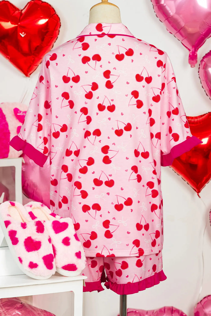 Cherry Bow Mixed Print Scalloped Edge Short Pajama Set – Rose