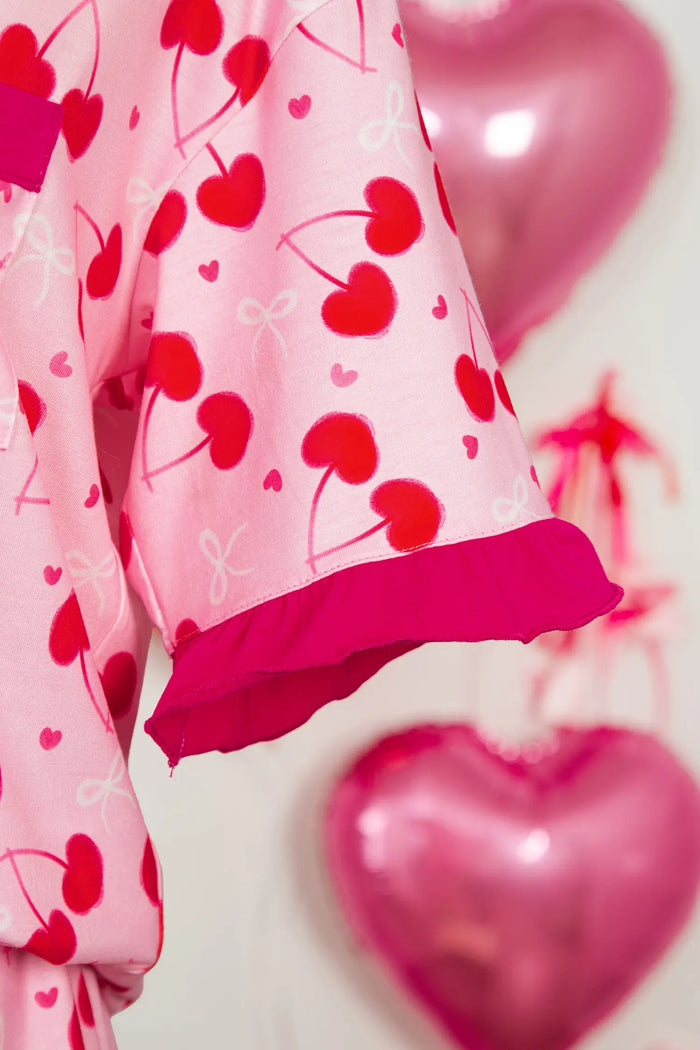 Cherry Bow Mixed Print Scalloped Edge Short Pajama Set – Rose