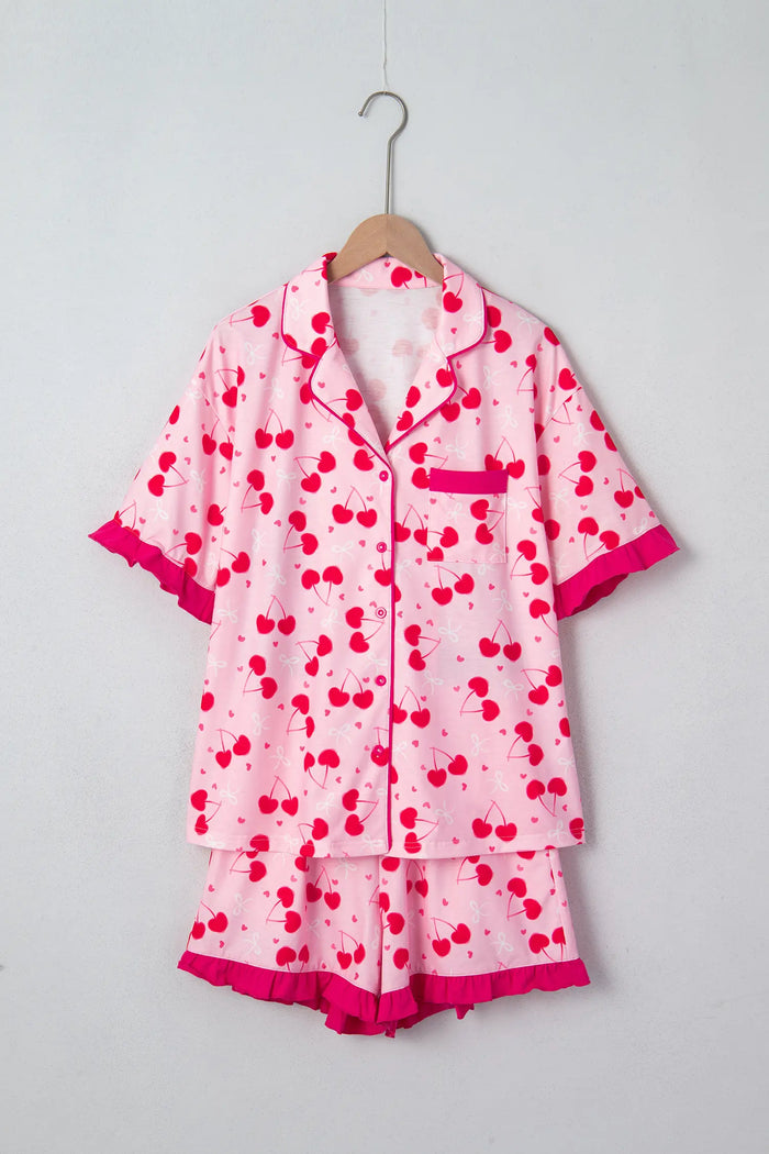 Cherry Bow Mixed Print Scalloped Edge Short Pajama Set – Rose