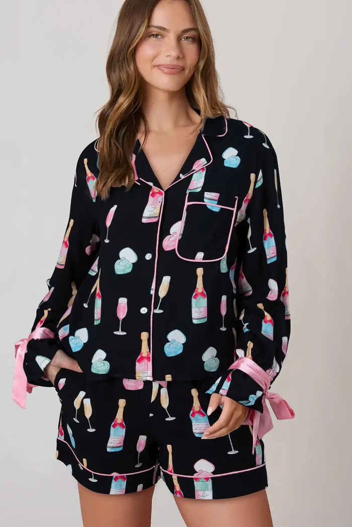 Christmas Wine Glass Print Bow Knot Two Piece Pajama Set – Color Black