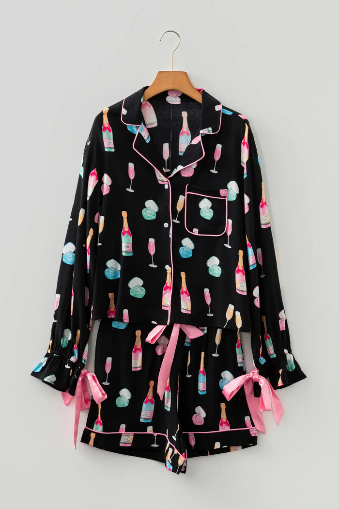 Christmas Wine Glass Print Bow Knot Two Piece Pajama Set – Color Black