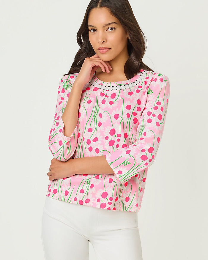 Lilly Pulitzer - Clairmont Three Quarter Sleeved Trimmed Knit Top - Conch Shell Pink Lil Sunny Daisies