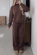 Coffee Solid Color Piping Trim Mock Neck Pullover Drawstring Pants Set – Brown