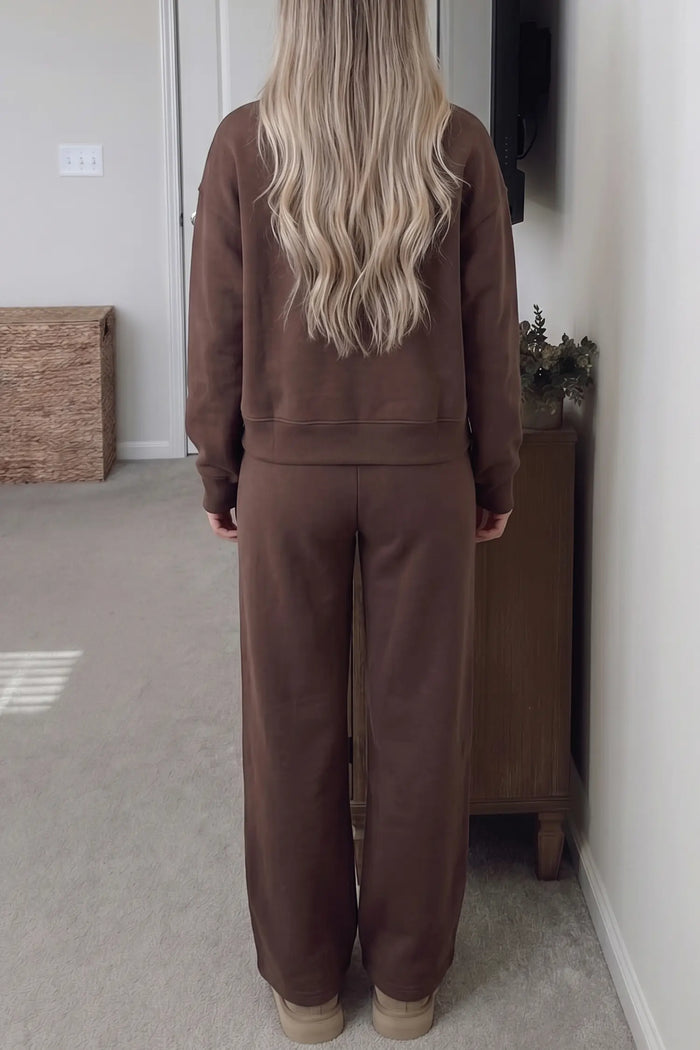 Coffee Solid Color Piping Trim Mock Neck Pullover Drawstring Pants Set – Brown