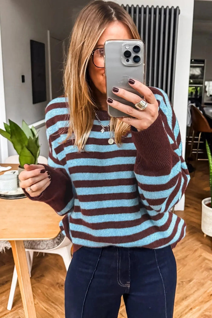 Color Block Loose Crew Neck Cuffed Sweater – Brown Stripe