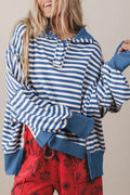 Color Block Trim Raw Seam Split Hem Loose Pullover Sweatshirt – Blue Stripe
