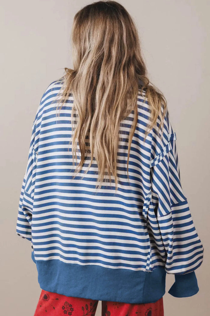 Color Block Trim Raw Seam Split Hem Loose Pullover Sweatshirt – Blue Stripe