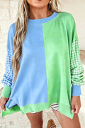 Colorblock Gingham Sleeve Crewneck Sweatshirt – Light Blue