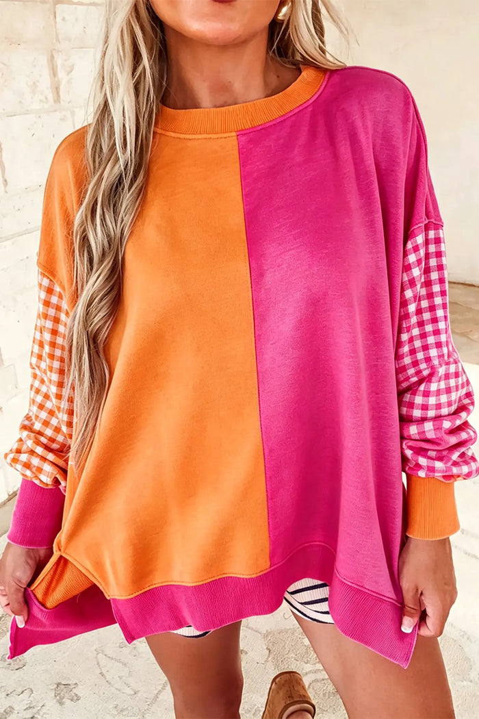 Colorblock Gingham Sleeve Crewneck Sweatshirt – Rose Red