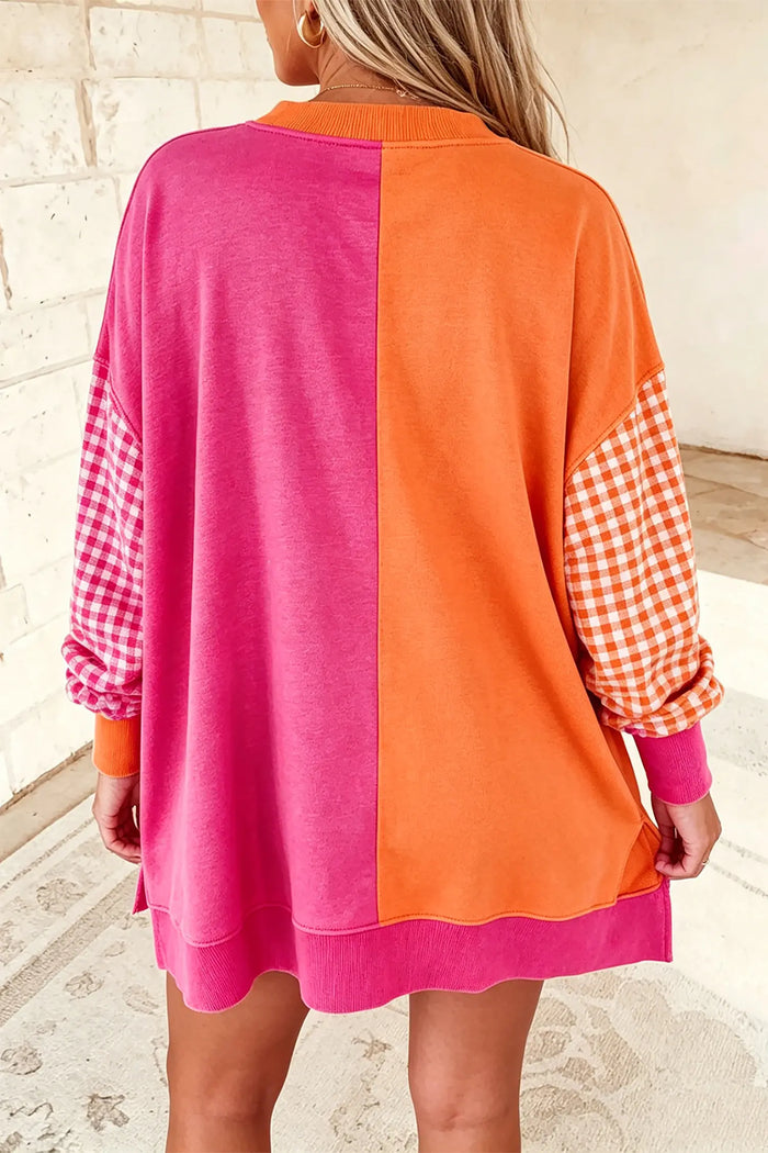 Colorblock Gingham Sleeve Crewneck Sweatshirt – Rose Red