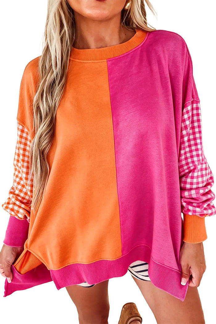 Colorblock Gingham Sleeve Crewneck Sweatshirt – Rose Red