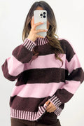 Contrast High Neck Dropped Shoulder Relaxed Pullover Sweater – Pink Stripe