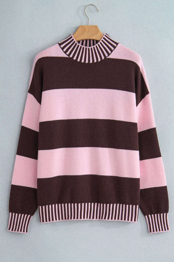 Contrast High Neck Dropped Shoulder Relaxed Pullover Sweater – Pink Stripe