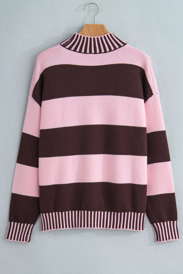 Contrast High Neck Dropped Shoulder Relaxed Pullover Sweater – Pink Stripe