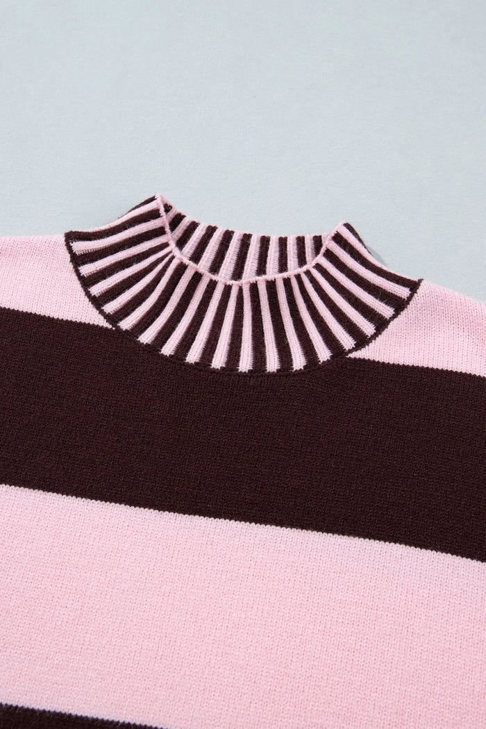 Contrast High Neck Dropped Shoulder Relaxed Pullover Sweater – Pink Stripe