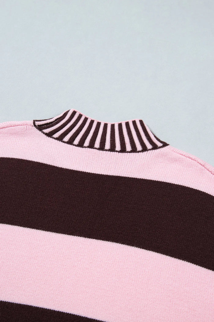 Contrast High Neck Dropped Shoulder Relaxed Pullover Sweater – Pink Stripe